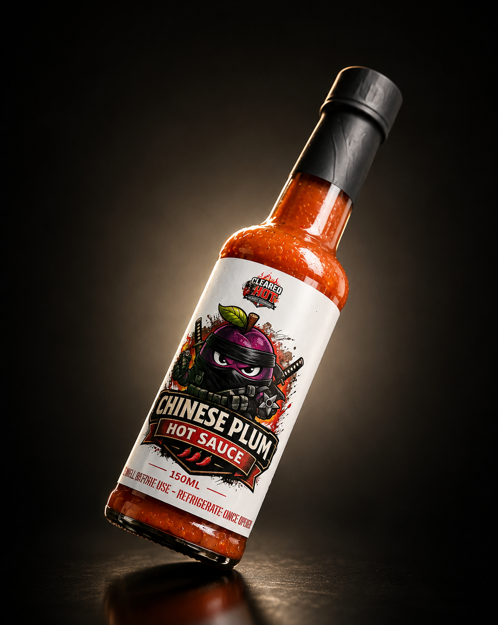 Bottle of Chinese Plum hot sauce with a dark background